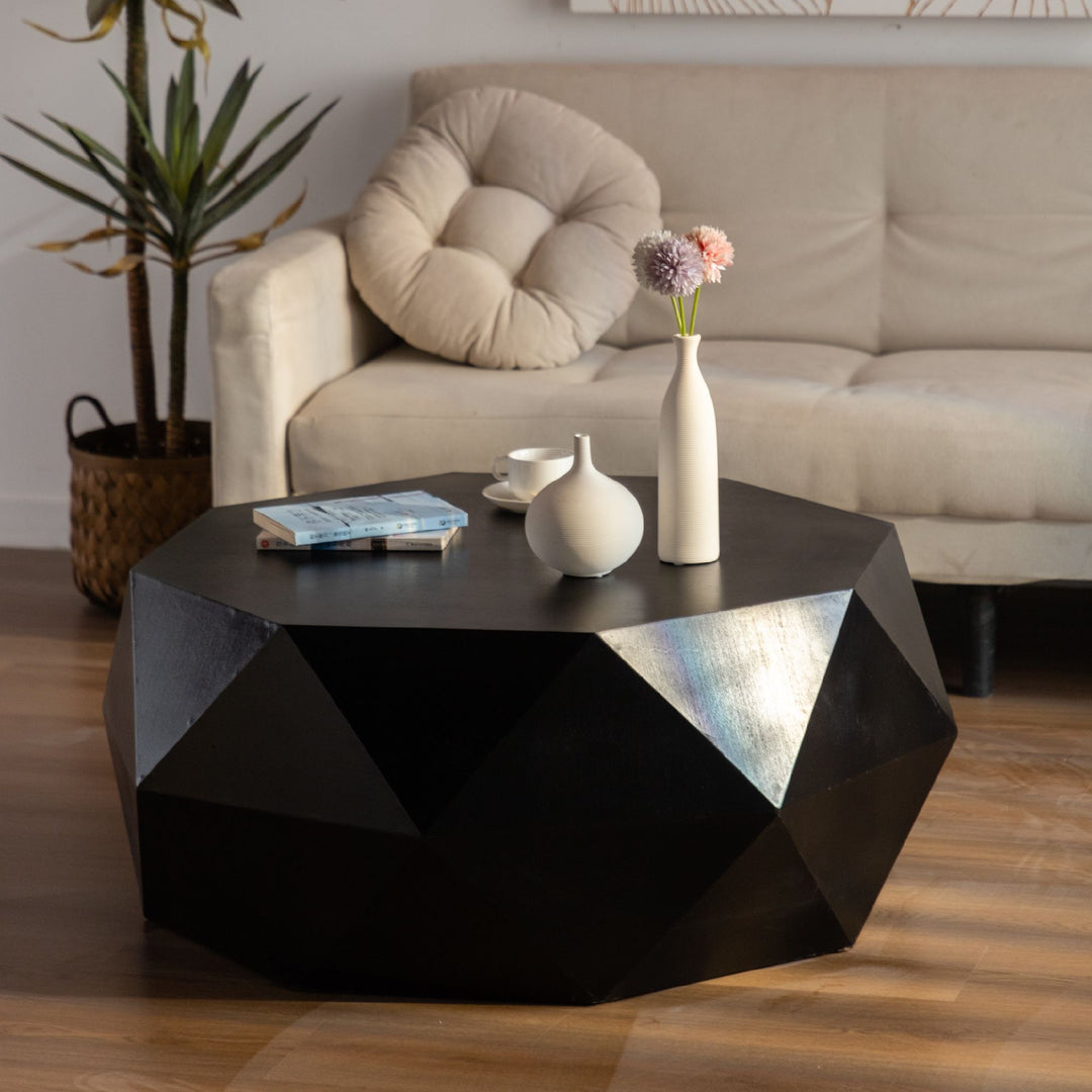 38"Three-dimensional Embossed Pattern Design American Retro Style Coffee Table,Black Tabletop