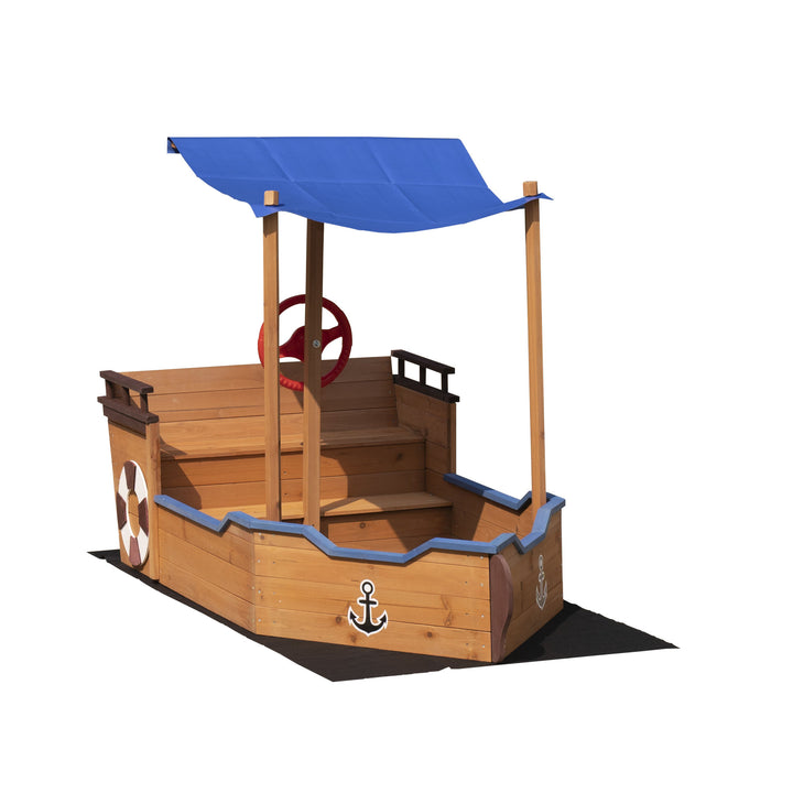 Outsunny Pirate Ship Sandbox with Cover and Rudder,  Wooden Sandbox with Storage Bench and Seat, Outdoor Toy for Kids Ages 3-8 Years Old