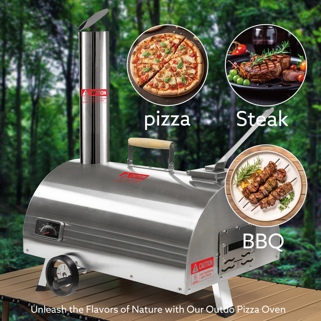 Silver Pizza Oven Outdoor 12" Semi-Automatic Rotatable Pizza Ovens Portable Stainless Steel Wood Fired Pizza Oven Pizza Maker with Built-in Thermometer Pizza Cutter Carry Bag