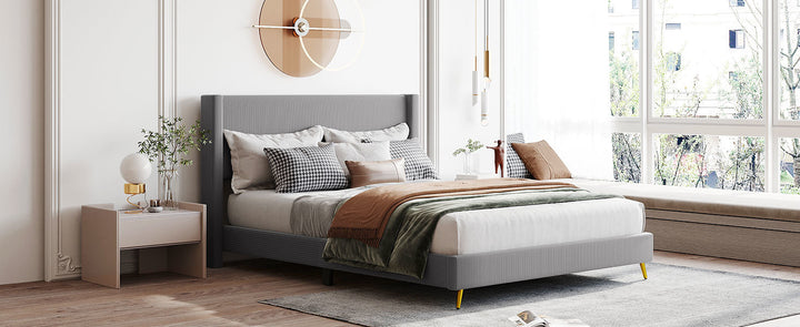 Queen Size Corduroy Platform Bed with Metal Legs