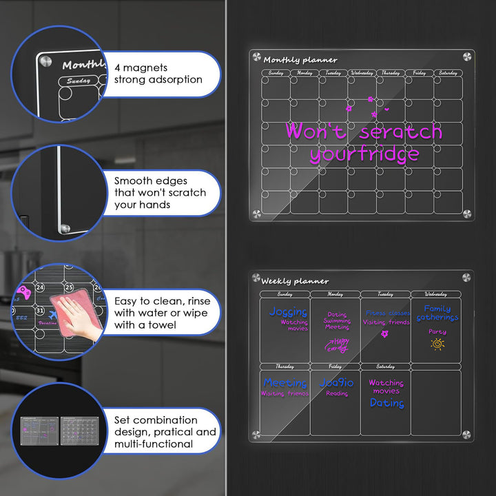 Acrylic Magnetic Calendar Board for Refrigerator, Set of 2, Reusable Transparent Monthly Planner Calendar Planner Memo