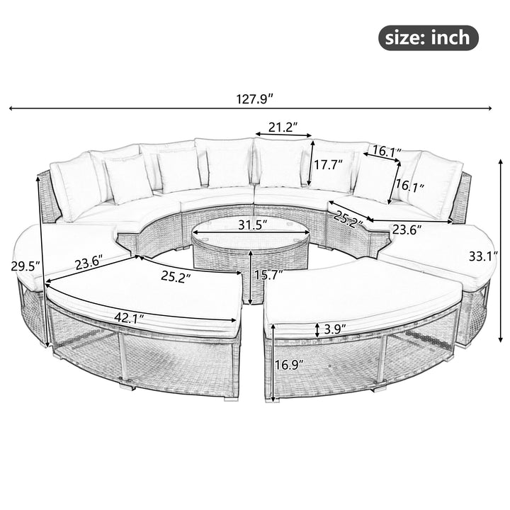 Outdoor Patio Furniture Luxury Circular Outdoor Sofa Set Rattan Wicker Sectional Sofa Lounge Set with Tempered Glass Coffee Table, 6 Pillows