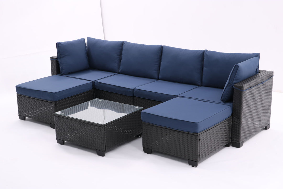 7 Pieces Outdoor Patio Furniture Set,Sectional Conversation Sofa Of Corner Chairs, Ottomans And Glass Top Table,All Weather PE Rattan and Steel Frame With Removable Cushions