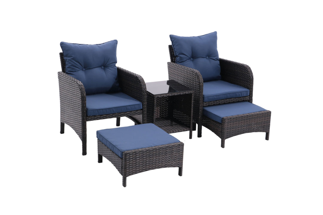 5 Piece Outdoor Patio Furniture Set, All Weather PE Rattan Conversation Chairs with Armrest and Removable Cushions, Ottomans and Storage Coffee Table for Poolside Garden Balcony Deck