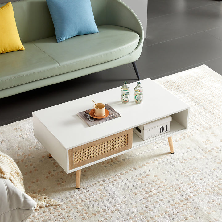 41.34\" Rattan Coffee table, sliding door for storage, solid wood legs, Modern table for living room