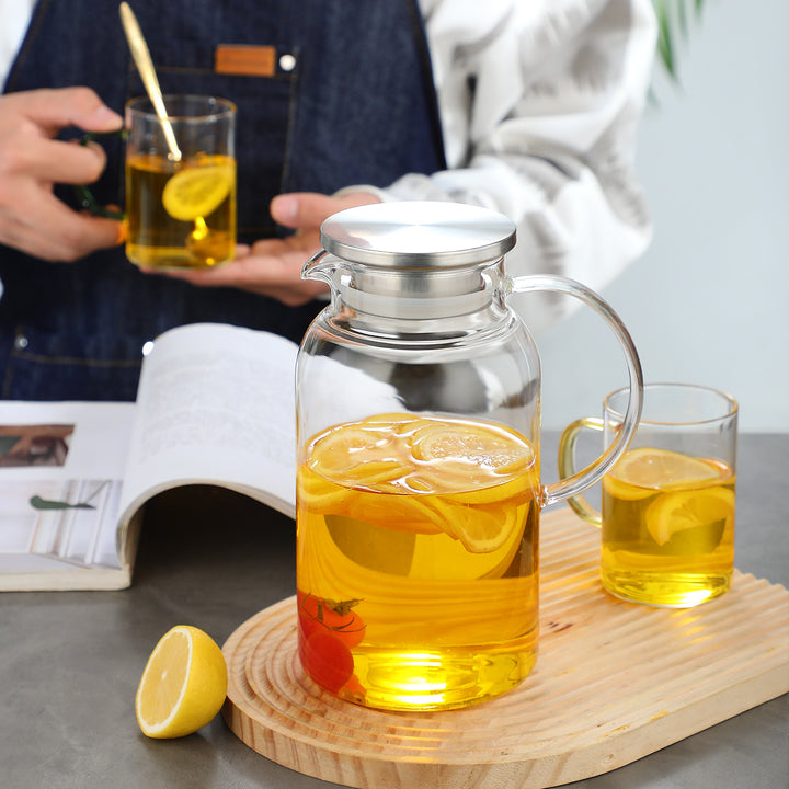 1 Pot with 4 Cups Tea Set, Cooling Water Kettle, Water Cup Set, Water Utensil Set, Colored Glass Handle Cup, Tea pot, Tea cup