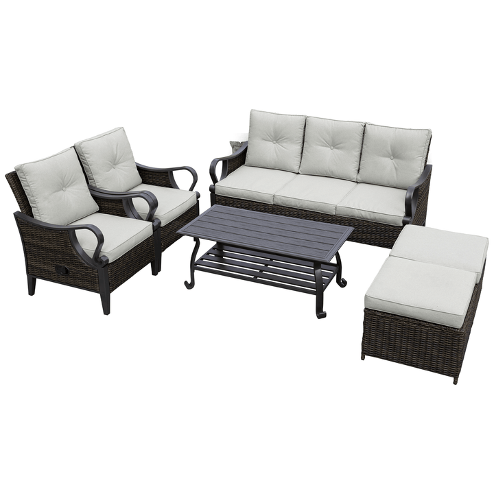 6 Pcs Outdoor Sectional Sofa With Reclining Backrest, Ottomans, Black Cushions