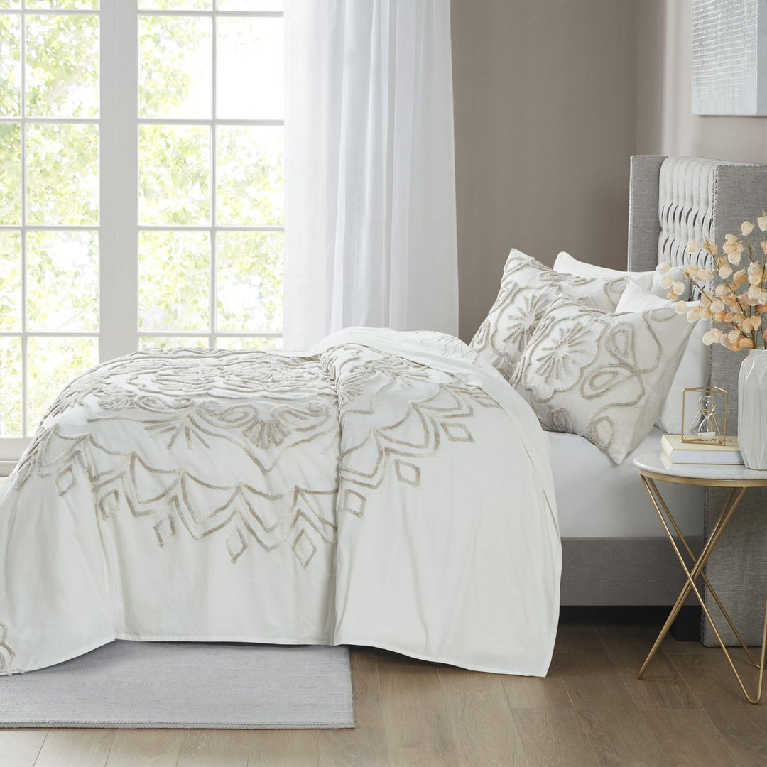 3 Piece Tufted Cotton Chenille Coverlet Set Ivory/Taupe King/Cal King