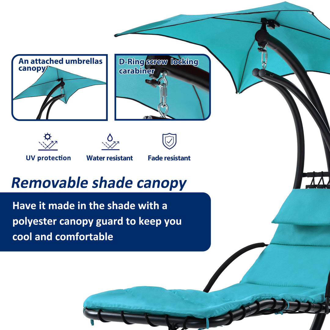 Hanging Chaise Lounger with Removable Canopy, Outdoor Swing Chair with Built-in Pillow, Hanging Curved Chaise Lounge Chair Swing for Patio Porch Poolside, Hammock Chair with Stand