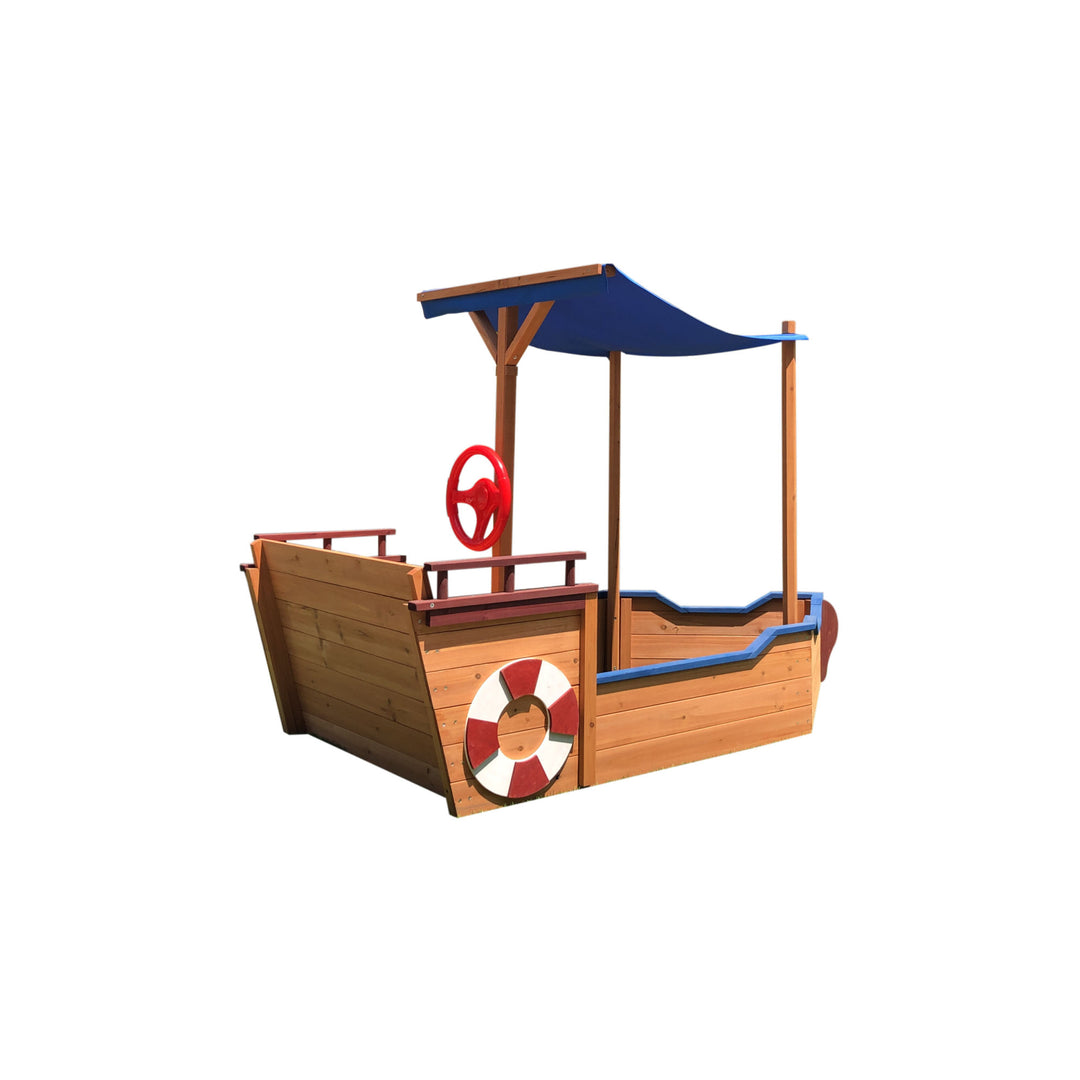 Outsunny Pirate Ship Sandbox with Cover and Rudder,  Wooden Sandbox with Storage Bench and Seat, Outdoor Toy for Kids Ages 3-8 Years Old