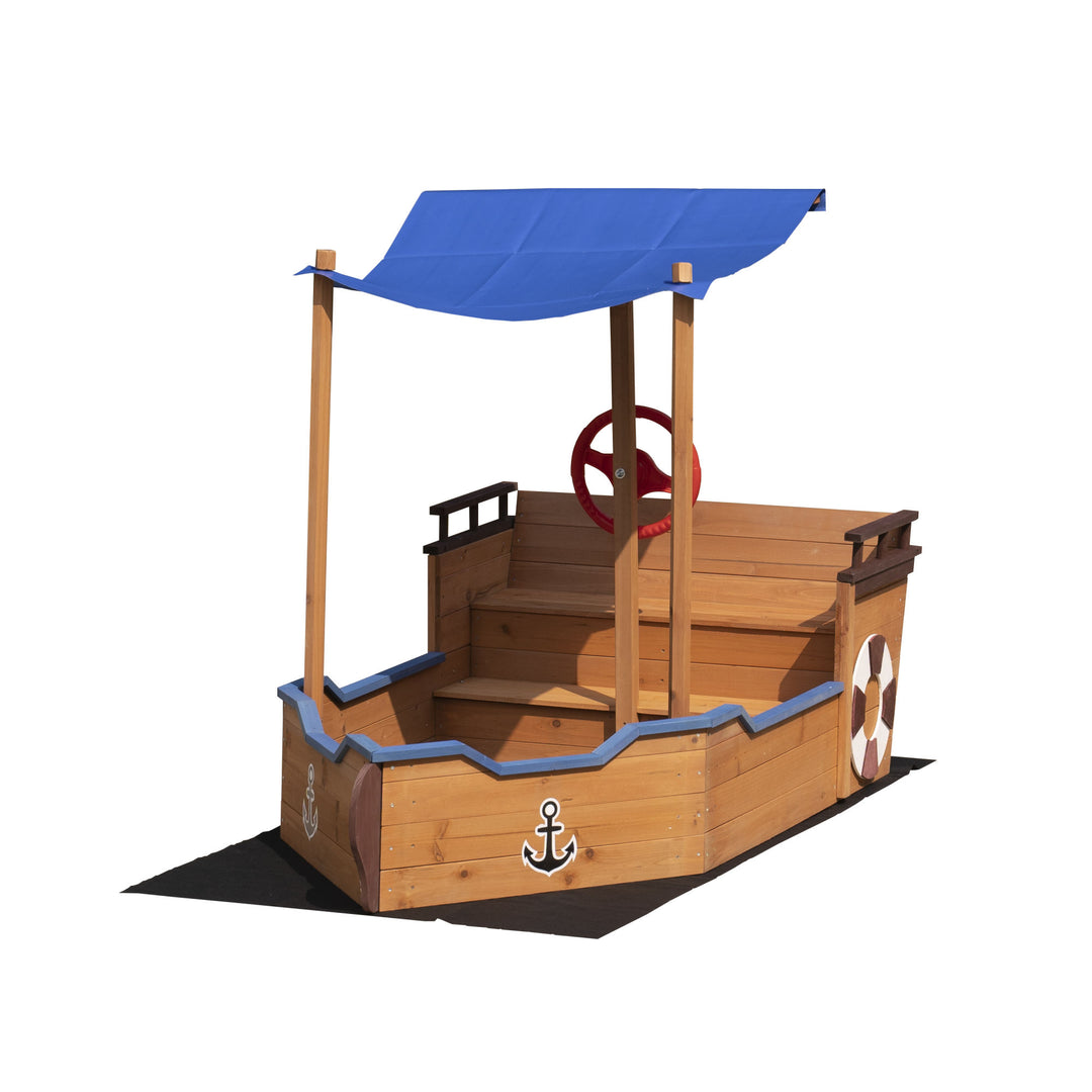 Outsunny Pirate Ship Sandbox with Cover and Rudder,  Wooden Sandbox with Storage Bench and Seat, Outdoor Toy for Kids Ages 3-8 Years Old