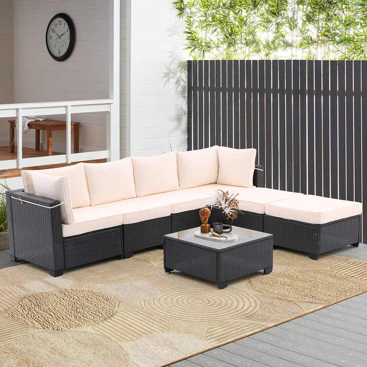 7 Pieces Outdoor Patio Furniture Set,Sectional Conversation Sofa Of Corner Chairs, Ottomans And Glass Top Table,All Weather PE Rattan and Steel Frame With Removable Cushions