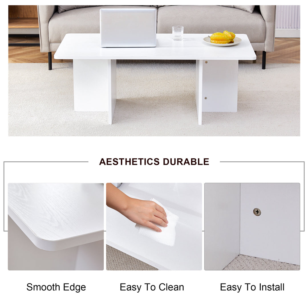 A modern and practical white coffee table. The coffee table is made of medium density fiberboard material, Suitable for living room, bedroom, and study.