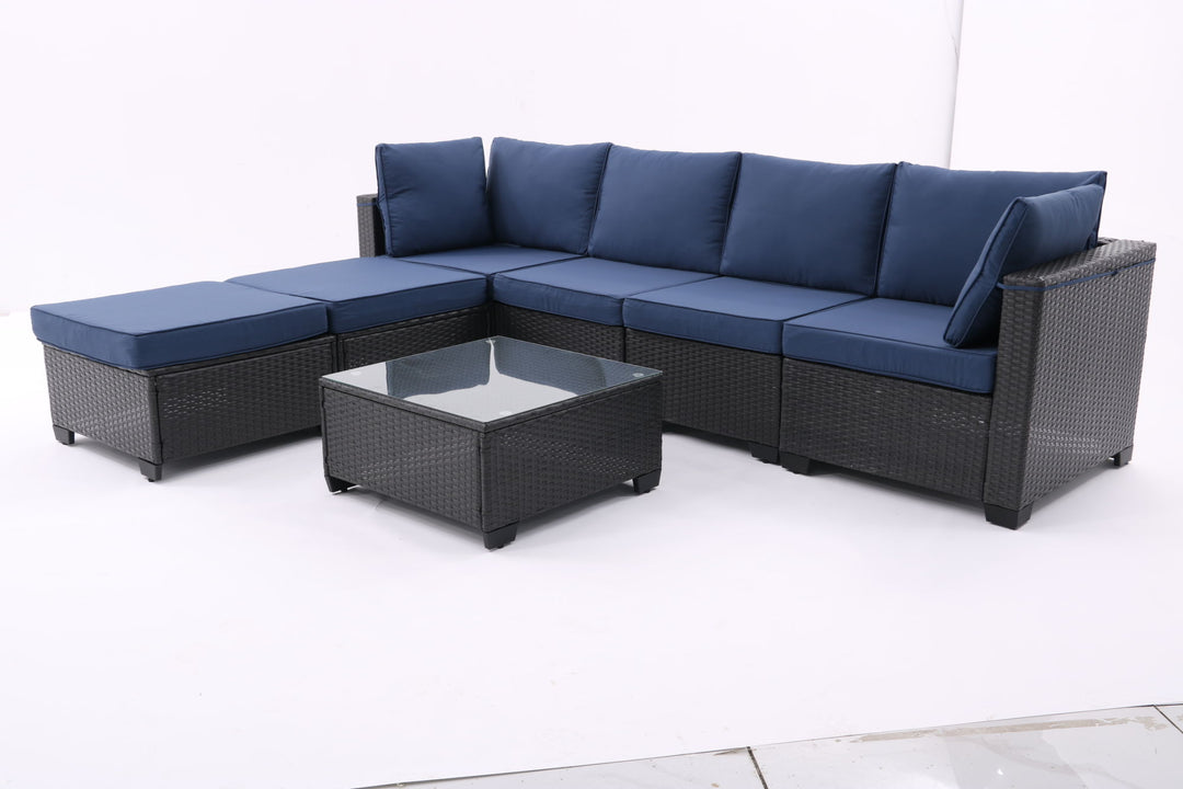 7 Pieces Outdoor Patio Furniture Set,Sectional Conversation Sofa Of Corner Chairs, Ottomans And Glass Top Table,All Weather PE Rattan and Steel Frame With Removable Cushions