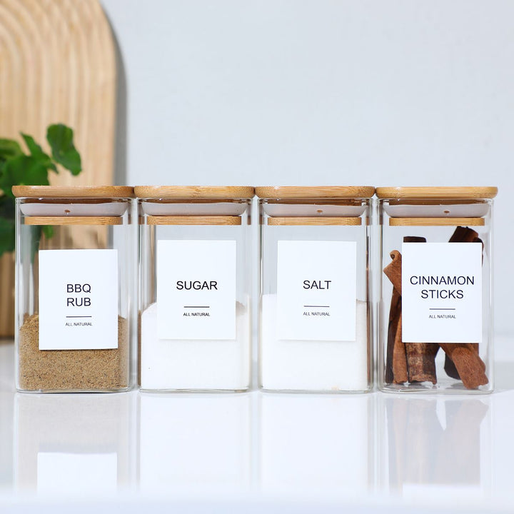 18 PCS Square Seasoning Jar Pepper Seasoning Bottle Pepper Powder Bottle 240ml Bamboo Wood Glass Seasoning Tank Square Spice Bottle