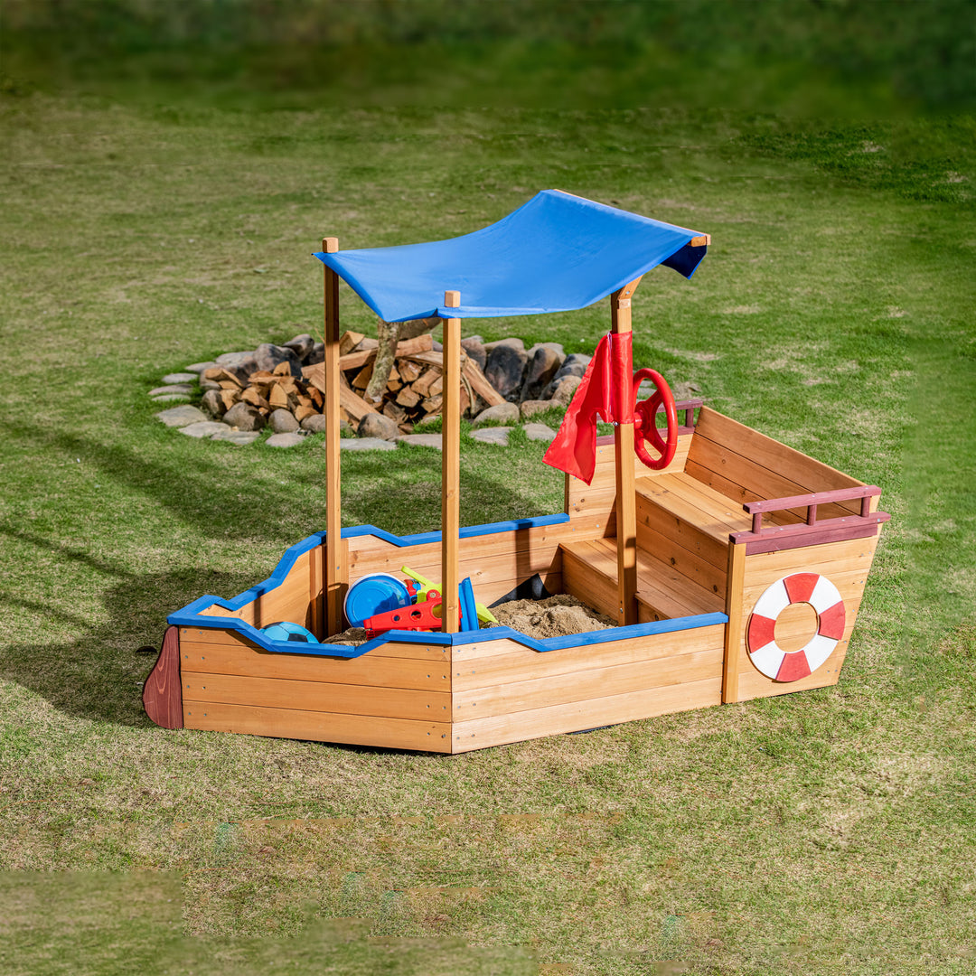 Outsunny Pirate Ship Sandbox with Cover and Rudder,  Wooden Sandbox with Storage Bench and Seat, Outdoor Toy for Kids Ages 3-8 Years Old