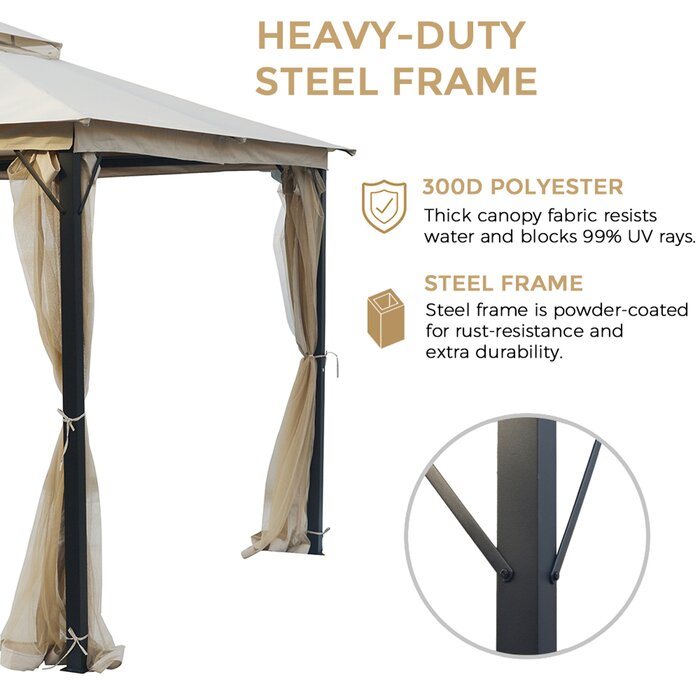 10*10FT Soft Top Canopy Patio, Outdoor Double Roof Shaded Gazebo, Metal Frame with Hanging Curtain Tent for Garden, Lawn, Backyard