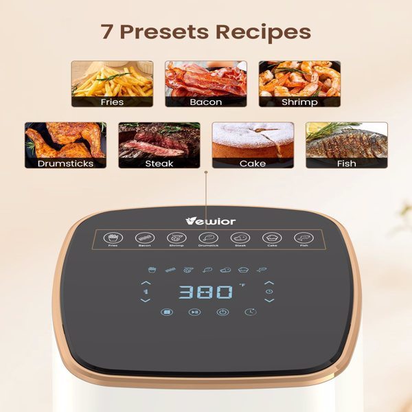 Air Fryer, VEWIOR 5.3Qt Airfyer with Viewing Window, 7 Custom Presets Large Air Fryer Oven with Smart Digital Touchscreen, Non-stick and Dishwasher-Safe Basket, Kitchen Tongs, Rack with Skewers