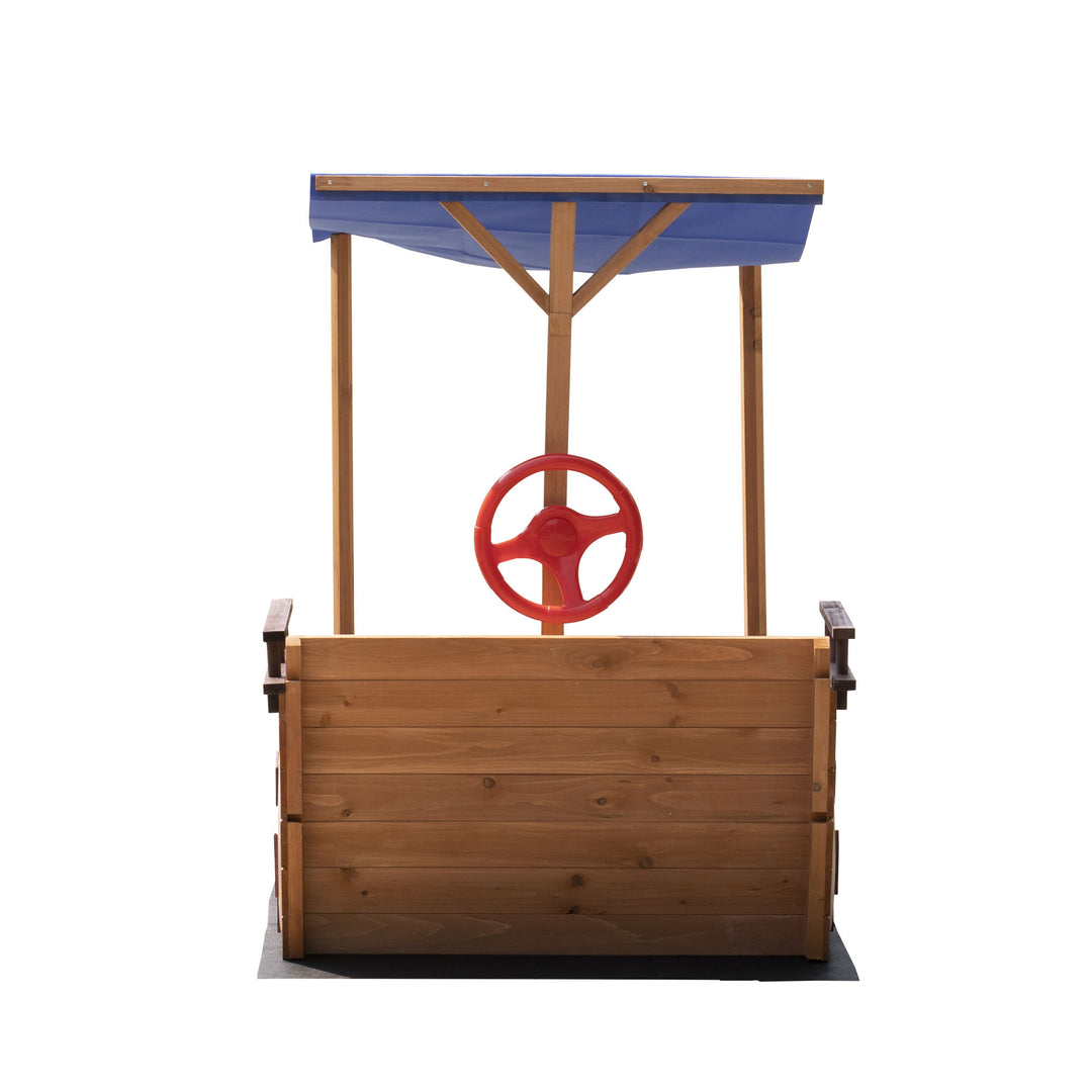 Outsunny Pirate Ship Sandbox with Cover and Rudder,  Wooden Sandbox with Storage Bench and Seat, Outdoor Toy for Kids Ages 3-8 Years Old