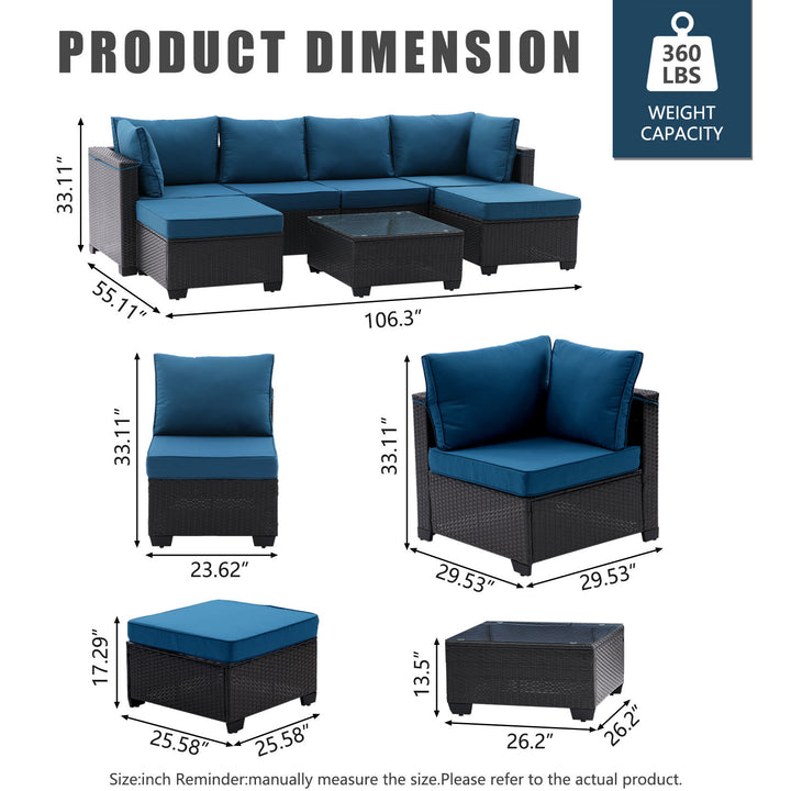 7 Pieces Outdoor Patio Furniture Set,Sectional Conversation Sofa Of Corner Chairs, Ottomans And Glass Top Table,All Weather PE Rattan and Steel Frame With Removable Cushions