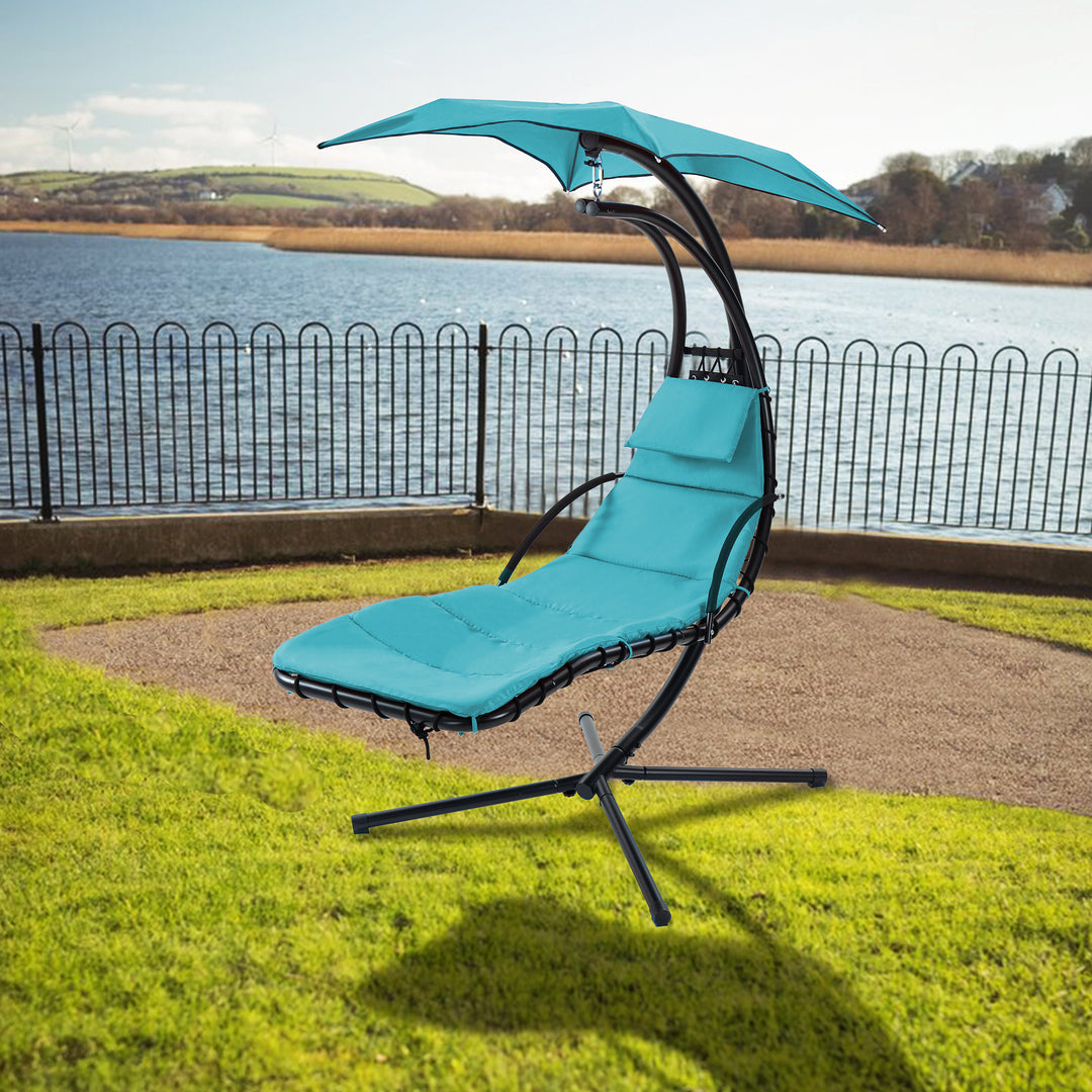 Hanging Chaise Lounger with Removable Canopy, Outdoor Swing Chair with Built-in Pillow, Hanging Curved Chaise Lounge Chair Swing for Patio Porch Poolside, Hammock Chair with Stand