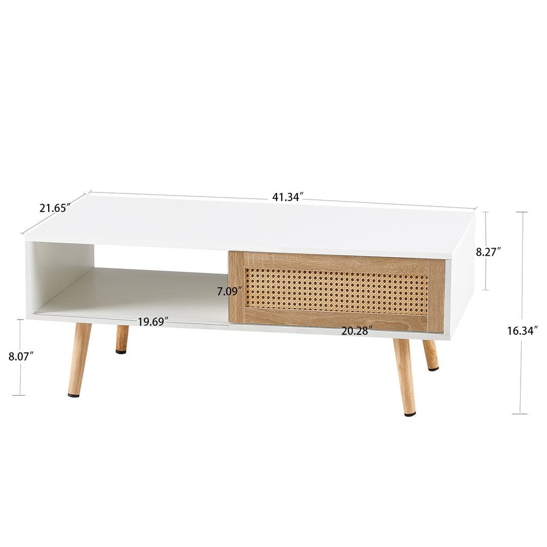 41.34\" Rattan Coffee table, sliding door for storage, solid wood legs, Modern table for living room