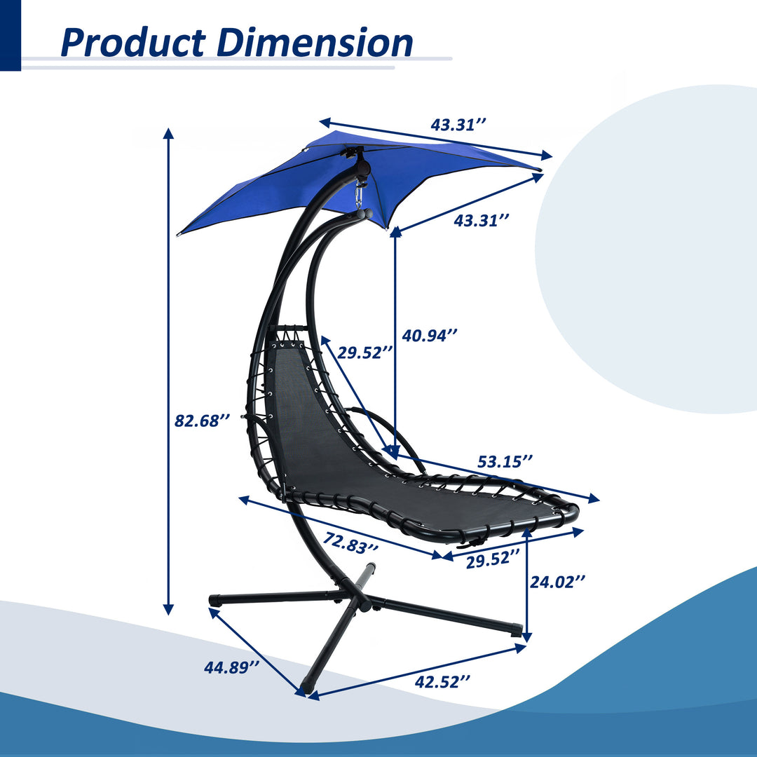 Hanging Chaise Lounger with Removable Canopy, Outdoor Swing Chair with Built-in Pillow, Hanging Curved Chaise Lounge Chair Swing for Patio Porch Poolside, Hammock Chair with Stand