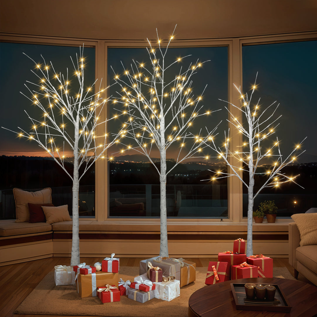 Set of Lighted Birch Tree, 4FT 48 LED/5FT 72 LED/6FT 96 LED Artificial Tree with Warm White Lights, Christmas Tree