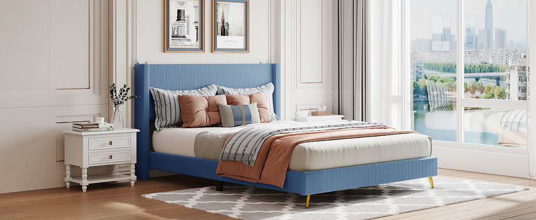 Queen Size Corduroy Platform Bed with Metal Legs