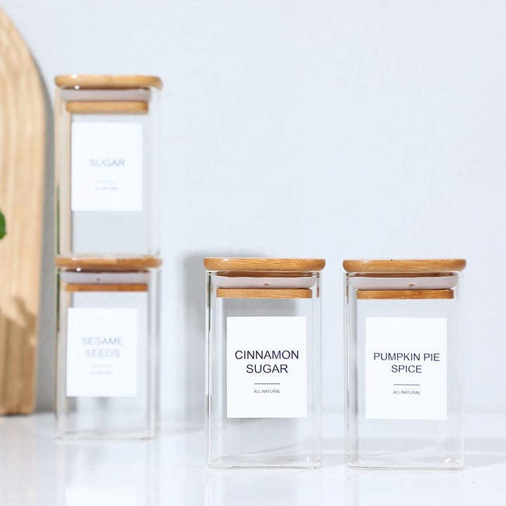 18 PCS Square Seasoning Jar Pepper Seasoning Bottle Pepper Powder Bottle 240ml Bamboo Wood Glass Seasoning Tank Square Spice Bottle