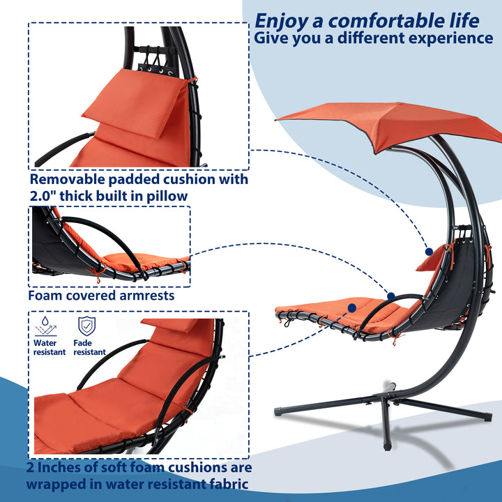 Hanging Chaise Lounger with Removable Canopy, Outdoor Swing Chair with Built-in Pillow, Hanging Curved Chaise Lounge Chair Swing for Patio Porch Poolside, Hammock Chair with Stand