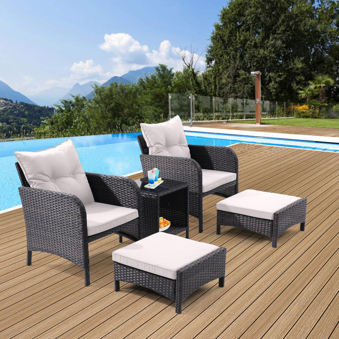 5 Piece Outdoor Patio Furniture Set, All Weather PE Rattan Conversation Chairs with Armrest and Removable Cushions, Ottomans and Storage Coffee Table for Poolside Garden Balcony Deck