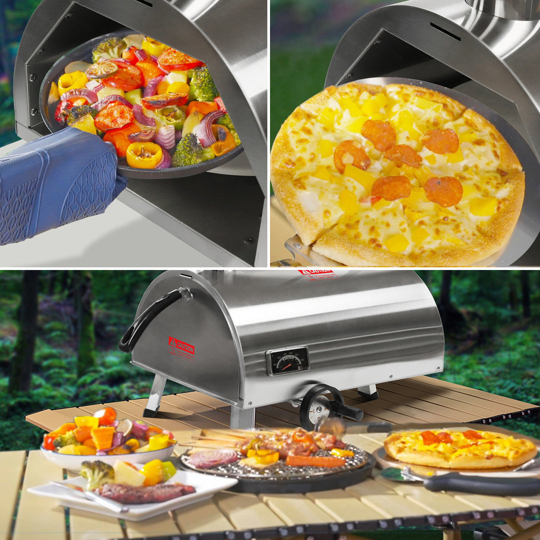 Silver Pizza Oven Outdoor 12" Semi-Automatic Rotatable Pizza Ovens Portable Stainless Steel Wood Fired Pizza Oven Pizza Maker with Built-in Thermometer Pizza Cutter Carry Bag