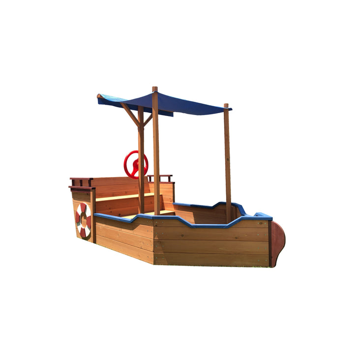 Outsunny Pirate Ship Sandbox with Cover and Rudder,  Wooden Sandbox with Storage Bench and Seat, Outdoor Toy for Kids Ages 3-8 Years Old