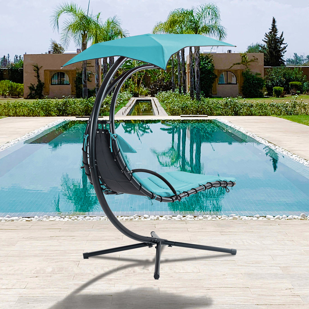 Hanging Chaise Lounger with Removable Canopy, Outdoor Swing Chair with Built-in Pillow, Hanging Curved Chaise Lounge Chair Swing for Patio Porch Poolside, Hammock Chair with Stand