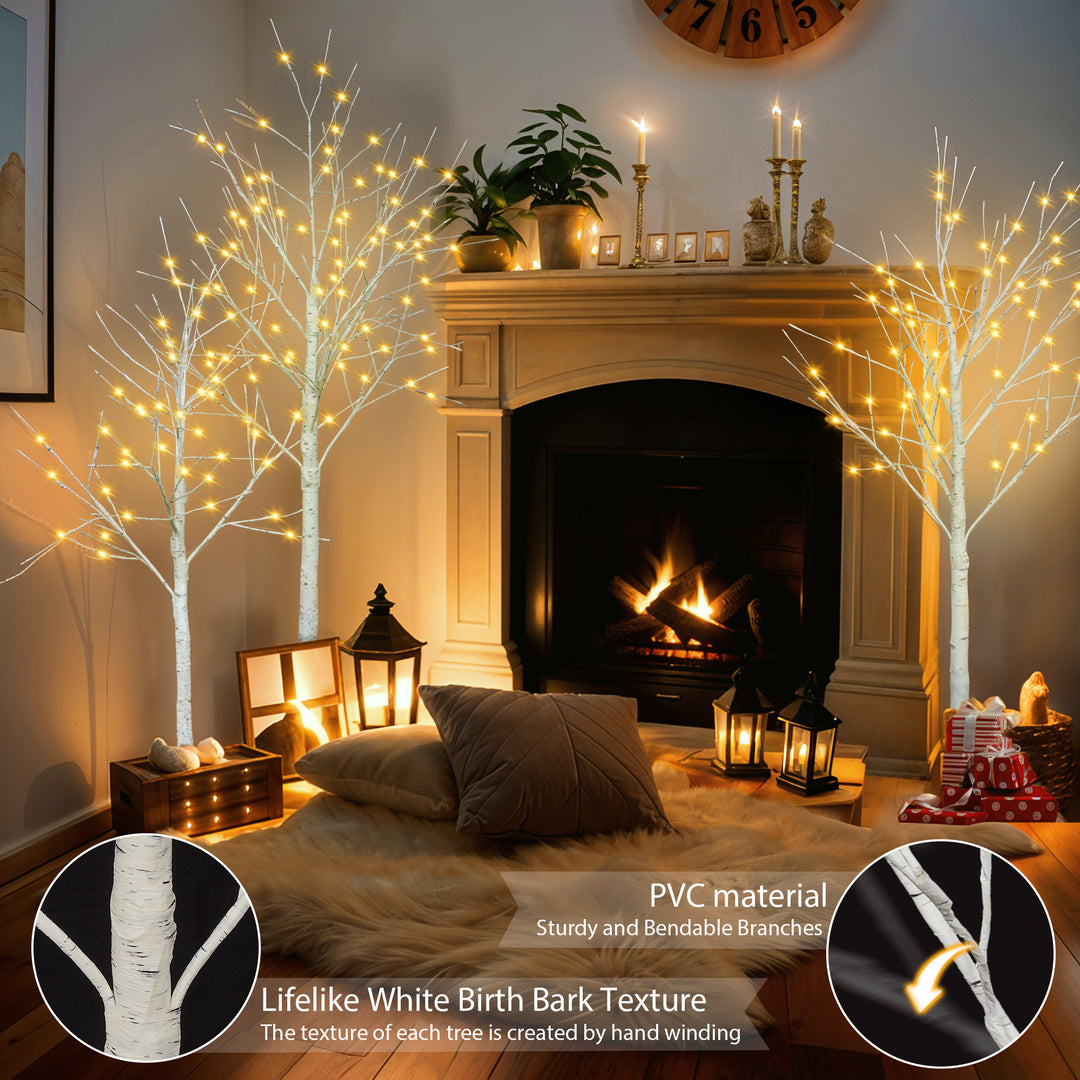 Set of Lighted Birch Tree, 4FT 48 LED/5FT 72 LED/6FT 96 LED Artificial Tree with Warm White Lights, Christmas Tree