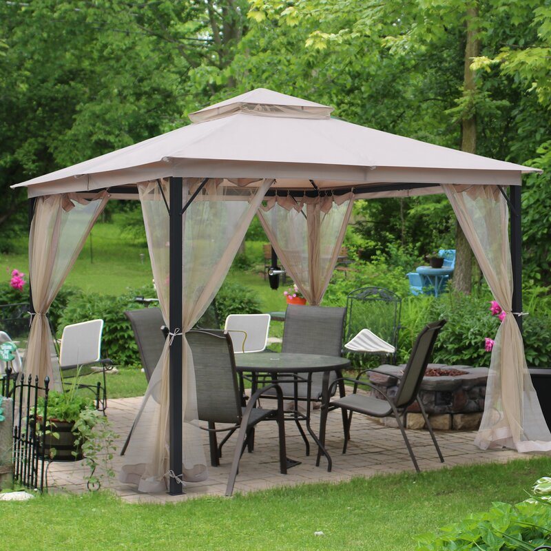 10*10FT Soft Top Canopy Patio, Outdoor Double Roof Shaded Gazebo, Metal Frame with Hanging Curtain Tent for Garden, Lawn, Backyard