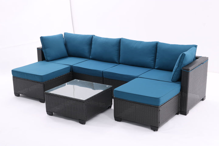 7 Pieces Outdoor Patio Furniture Set,Sectional Conversation Sofa Of Corner Chairs, Ottomans And Glass Top Table,All Weather PE Rattan and Steel Frame With Removable Cushions