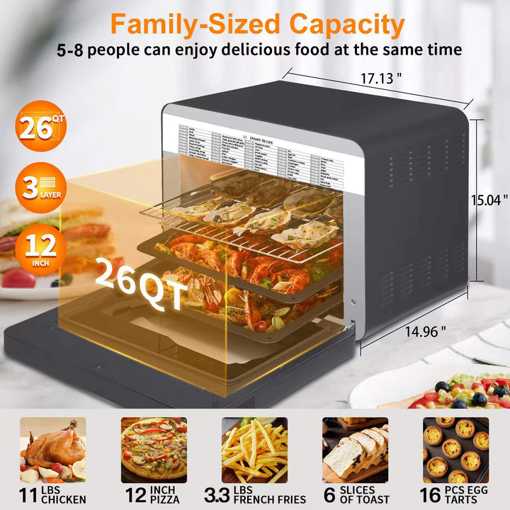 Steam Air Fryer Toast Oven Combo , 26 QT Steam Convection Oven Countertop , 50 Cooking Presets, with 6 Slice Toast, 12" Pizza, Black Stainless Steel