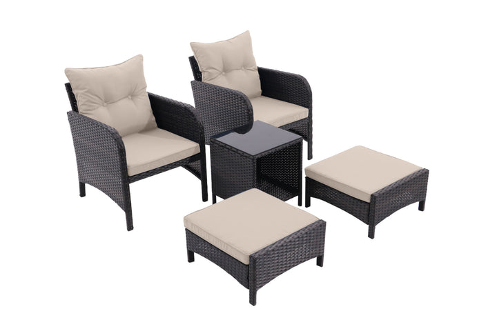 5 Piece Outdoor Patio Furniture Set, All Weather PE Rattan Conversation Chairs with Armrest and Removable Cushions, Ottomans and Storage Coffee Table for Poolside Garden Balcony Deck