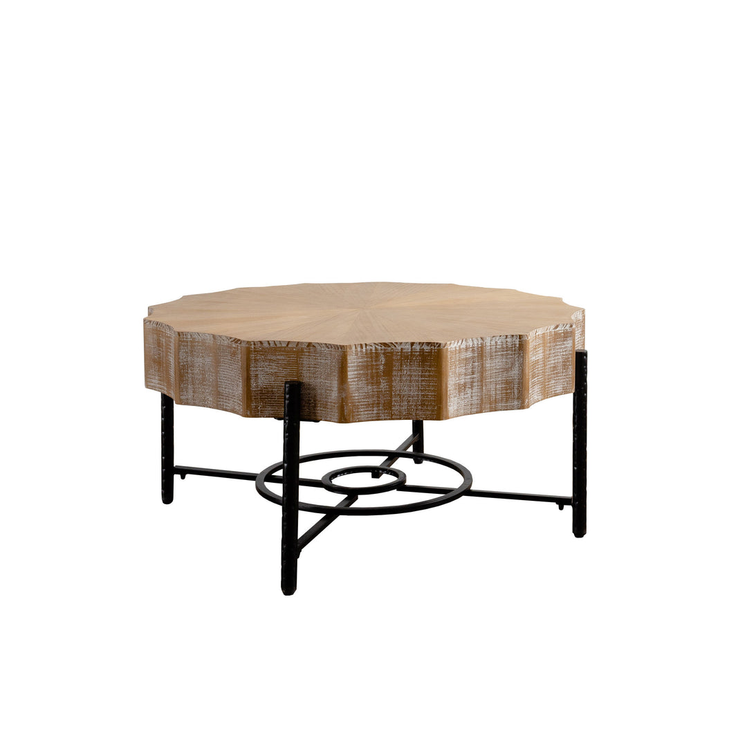 31.5 "Vintage Patchwork Lace Shape Coffee Table with Natural Pine Grain Table Top and Dimpled Metal Cross Legs, Cedar Coffee Table Set (Set of 2)