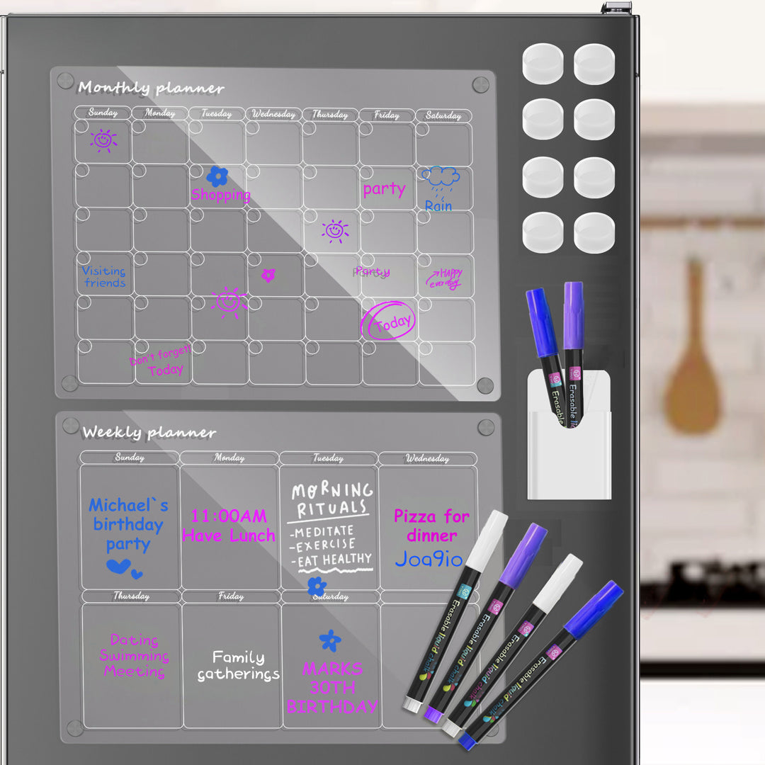Acrylic Magnetic Calendar Board for Refrigerator, Set of 2, Reusable Transparent Monthly Planner Calendar Planner Memo