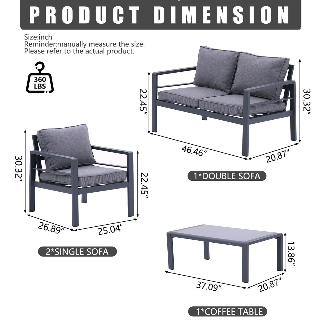 4-piece Aluminum Outdoor Patio Conversation Set, All-Weather Sectional Sofa Outside Furniture with Removable Cushions and Tempered Glass Coffee Table for Courtyard