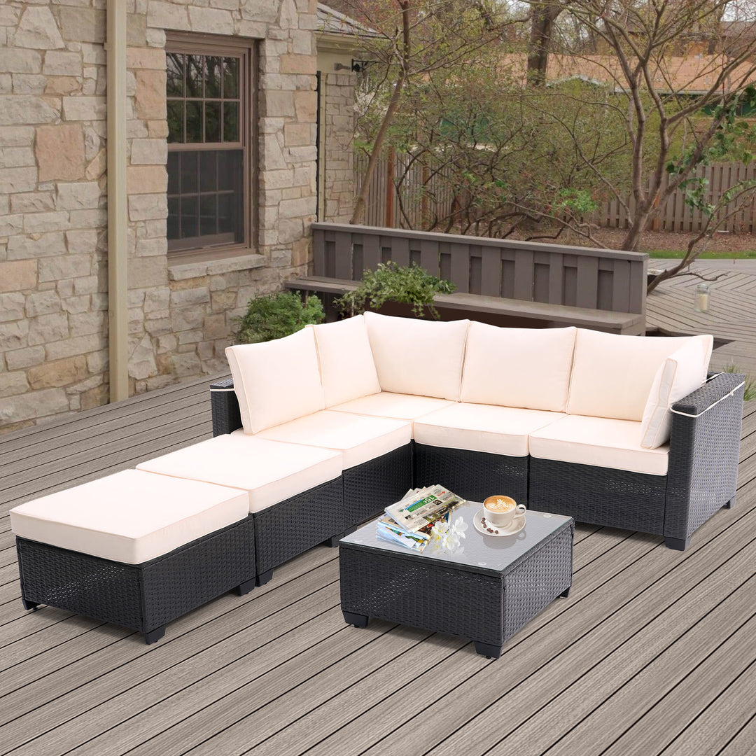 7 Pieces Outdoor Patio Furniture Set,Sectional Conversation Sofa Of Corner Chairs, Ottomans And Glass Top Table,All Weather PE Rattan and Steel Frame With Removable Cushions