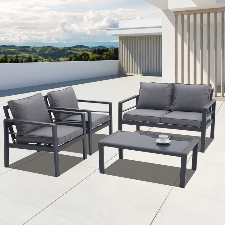 4-piece Aluminum Outdoor Patio Conversation Set, All-Weather Sectional Sofa Outside Furniture with Removable Cushions and Tempered Glass Coffee Table for Courtyard