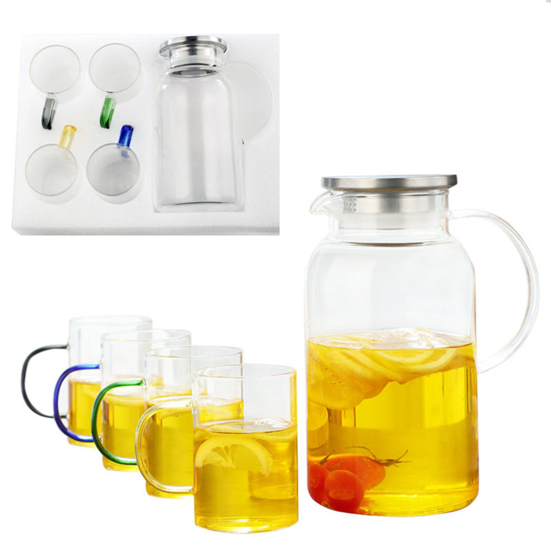 1 Pot with 4 Cups Tea Set, Cooling Water Kettle, Water Cup Set, Water Utensil Set, Colored Glass Handle Cup, Tea pot, Tea cup