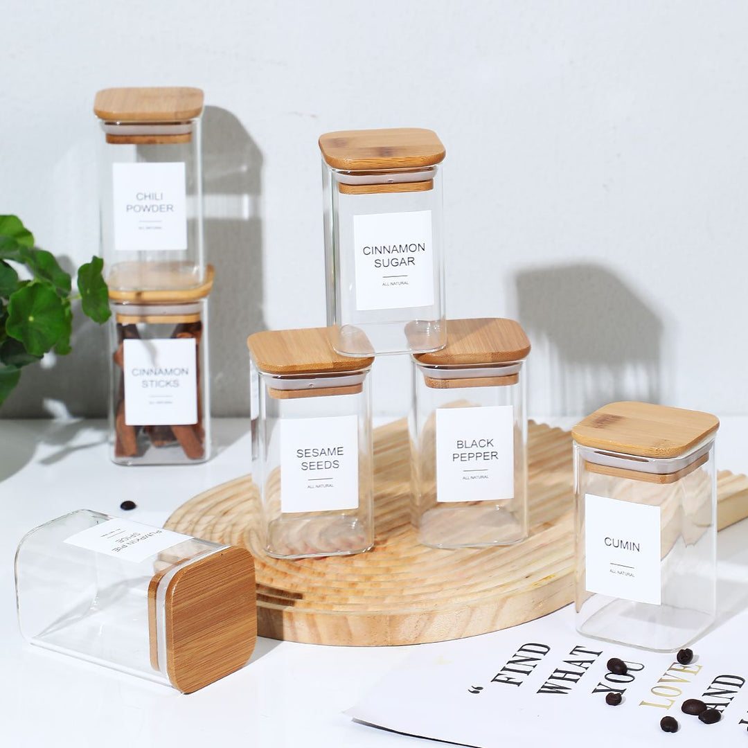 18 PCS Square Seasoning Jar Pepper Seasoning Bottle Pepper Powder Bottle 240ml Bamboo Wood Glass Seasoning Tank Square Spice Bottle