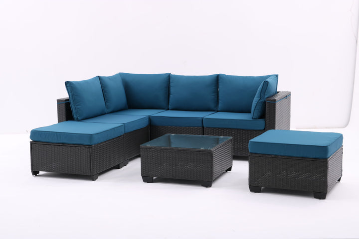 7 Pieces Outdoor Patio Furniture Set,Sectional Conversation Sofa Of Corner Chairs, Ottomans And Glass Top Table,All Weather PE Rattan and Steel Frame With Removable Cushions