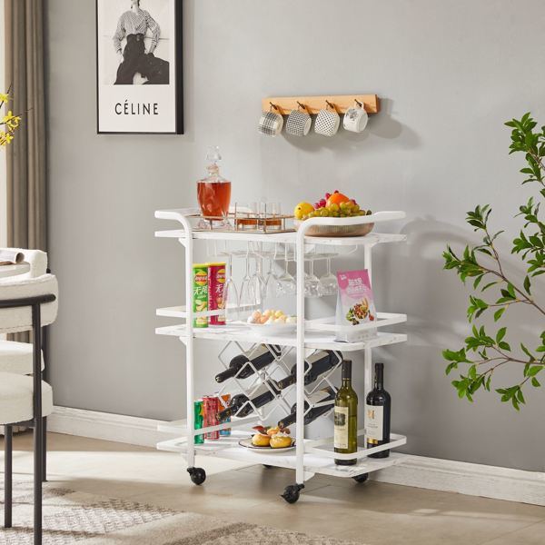 Painted Three-layer Bar Cart, With Wine Rack And Glass Holder, Suitable for Families And Small Gatherings, White