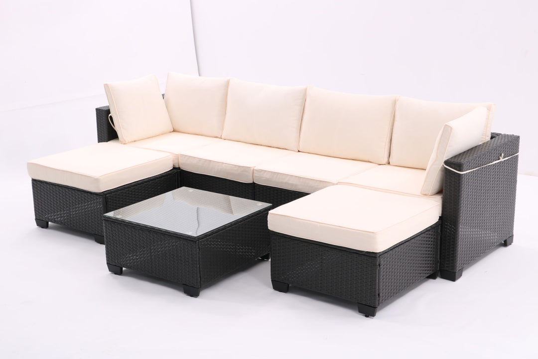 7 Pieces Outdoor Patio Furniture Set,Sectional Conversation Sofa Of Corner Chairs, Ottomans And Glass Top Table,All Weather PE Rattan and Steel Frame With Removable Cushions